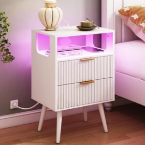 White Nightstand with Charging Station and LED Lights,Modern Bedside Table with 2 Storage Drawer and Open Wood Shelf, for Bedroom and Small Spaces,Night Stand with Solid Wood Legs,White