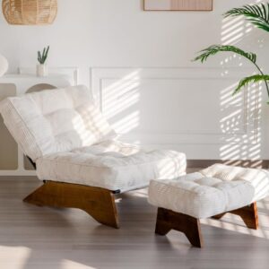 Accent Chair with Ottoman Adjustable Backrest, Tufted Living Room Chair Upholstered Lounge Chair with Footrest Set, Modern Chair Cozy Reclining Chair for Reading Room, Beige